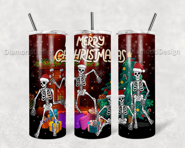 Christmas Skeleton 20 oz Skinny Tumbler Sublimation Designs, Messy Bun Skull Christmas Tumbler Wrap PNG Sublimation DiamondDesign 
