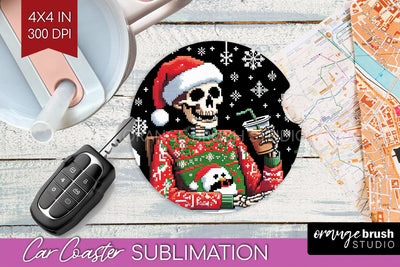 Christmas Skeleton Car Coaster PNG - Skull Santa Sublimatoin Sublimation OrangeBrushStudio 