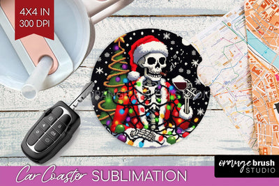 Christmas Skeleton Car Coaster PNG - Skull Santa Sublimatoin Sublimation OrangeBrushStudio 