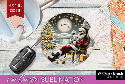 Christmas Skeleton Car Coaster PNG - Skull Santa Sublimatoin Sublimation OrangeBrushStudio 