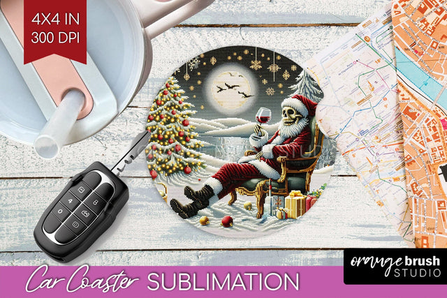 Christmas Skeleton Car Coaster PNG - Skull Santa Sublimatoin Sublimation OrangeBrushStudio 