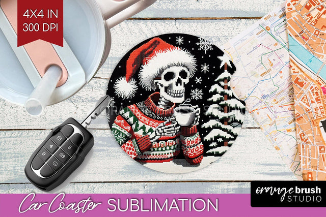 Christmas Skeleton Car Coaster PNG - Skull Santa Sublimatoin Sublimation OrangeBrushStudio 