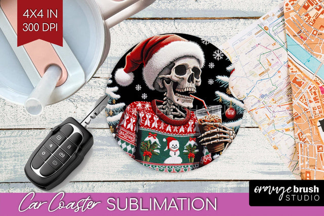 Christmas Skeleton Car Coaster PNG - Skull Santa Sublimatoin Sublimation OrangeBrushStudio 