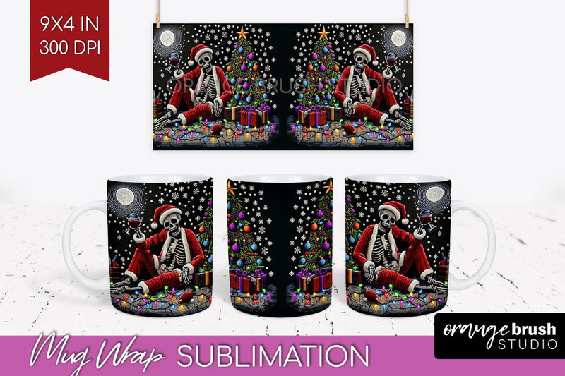 Christmas Skeleton Mug Wrap - Santa Mug Sublimation 15 Oz Sublimation OrangeBrushStudio 