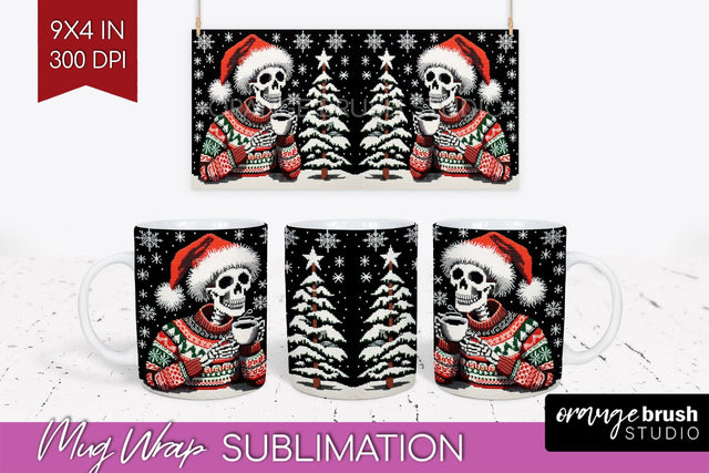 Christmas Skeleton Mug Wrap - Santa Mug Sublimation 15 Oz Sublimation OrangeBrushStudio 