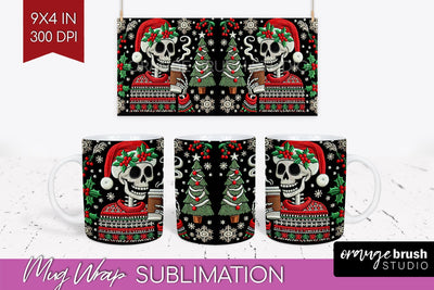 Christmas Skeleton Mug Wrap - Santa Mug Sublimation 15 Oz Sublimation OrangeBrushStudio 