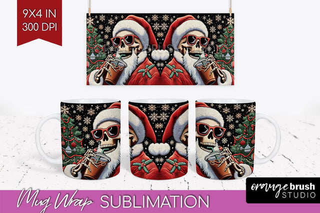 Christmas Skeleton Mug Wrap - Santa Mug Sublimation 15 Oz Sublimation OrangeBrushStudio 