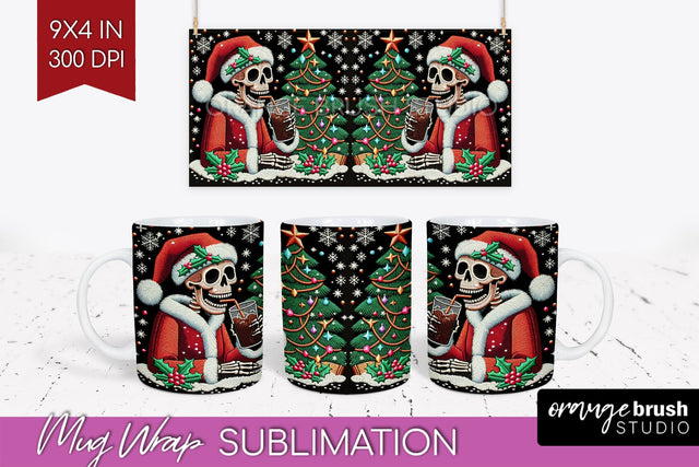Christmas Skeleton Mug Wrap - Santa Mug Sublimation 15 Oz Sublimation OrangeBrushStudio 