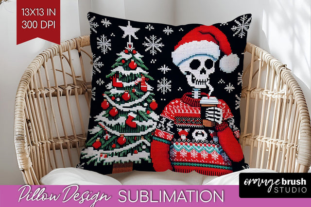 Christmas Skeleton Pillow Sublimation - Santa Pillow Cover Sublimation OrangeBrushStudio 
