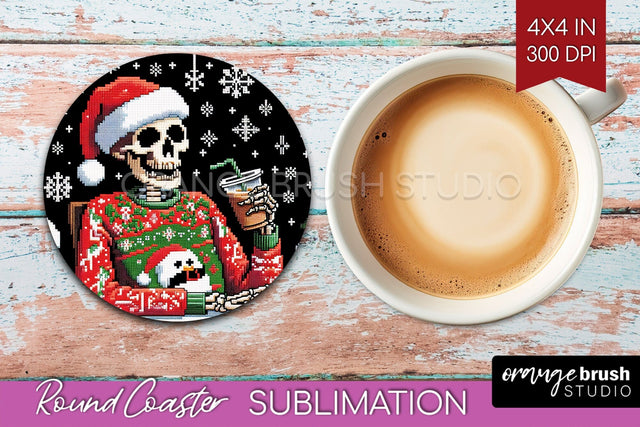 Christmas Skeleton Round Coaster - Santa Coaster Sublimation Sublimation OrangeBrushStudio 