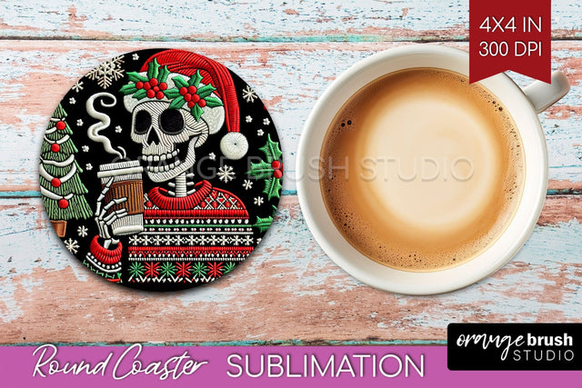 Christmas Skeleton Round Coaster - Santa Coaster Sublimation Sublimation OrangeBrushStudio 