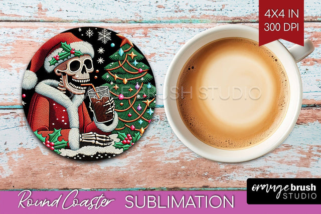 Christmas Skeleton Round Coaster - Santa Coaster Sublimation Sublimation OrangeBrushStudio 