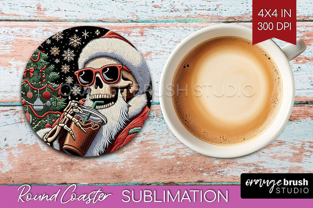 Christmas Skeleton Round Coaster - Santa Coaster Sublimation Sublimation OrangeBrushStudio 