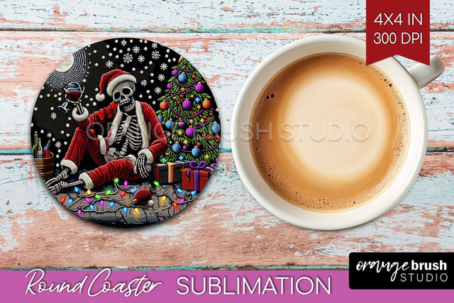 Christmas Skeleton Round Coaster - Santa Coaster Sublimation Sublimation OrangeBrushStudio 