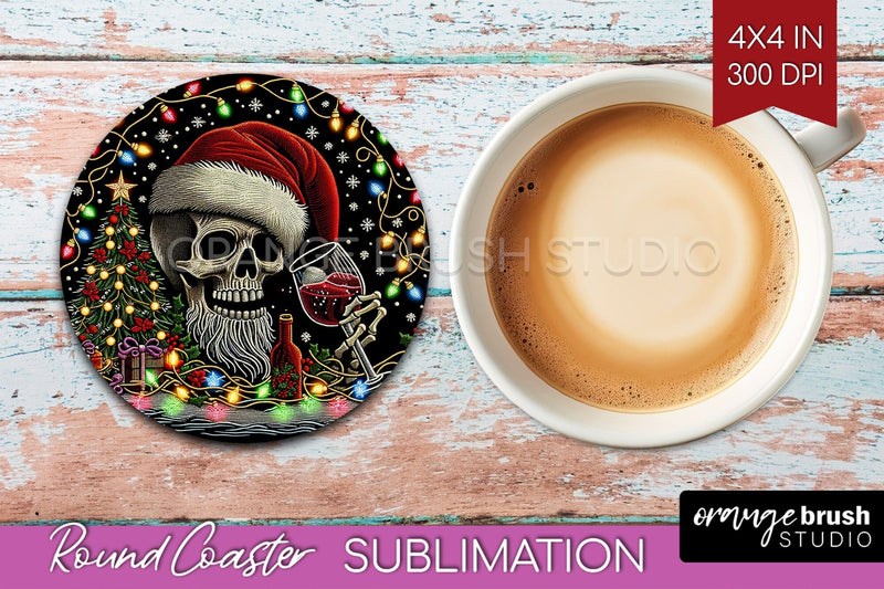 Christmas Skeleton Round Coaster - Santa Coaster Sublimation Sublimation OrangeBrushStudio 