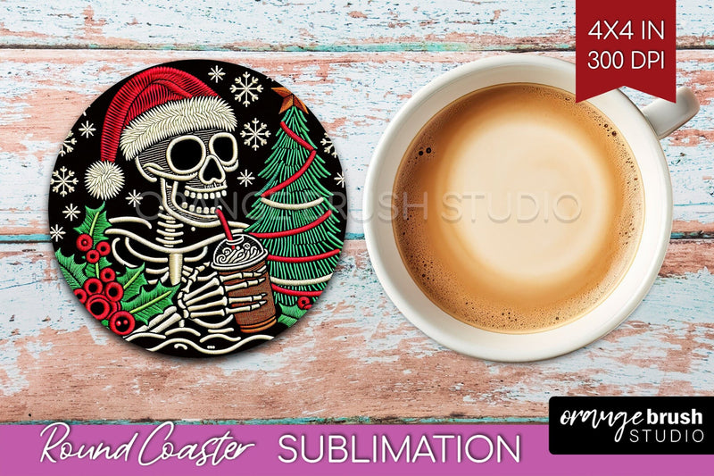 Christmas Skeleton Round Coaster - Santa Coaster Sublimation Sublimation OrangeBrushStudio 