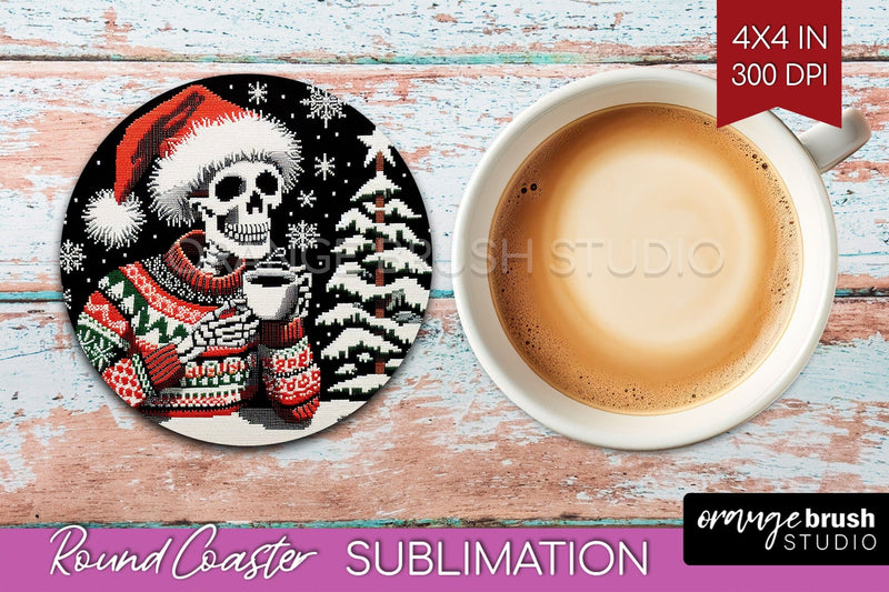 Christmas Skeleton Round Coaster - Santa Coaster Sublimation Sublimation OrangeBrushStudio 
