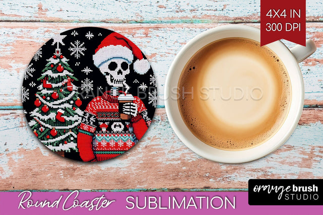 Christmas Skeleton Round Coaster - Santa Coaster Sublimation Sublimation OrangeBrushStudio 