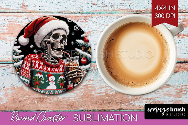Christmas Skeleton Round Coaster - Santa Coaster Sublimation Sublimation OrangeBrushStudio 