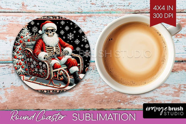 Christmas Skeleton Round Coaster - Santa Coaster Sublimation Sublimation OrangeBrushStudio 