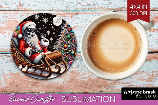 Christmas Skeleton Round Coaster - Santa Coaster Sublimation Sublimation OrangeBrushStudio 