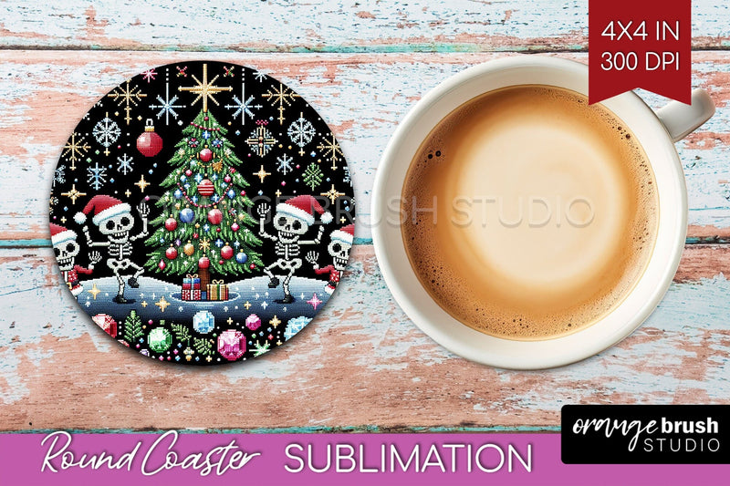 Christmas Skeleton Round Coaster - Santa Coaster Sublimation Sublimation OrangeBrushStudio 