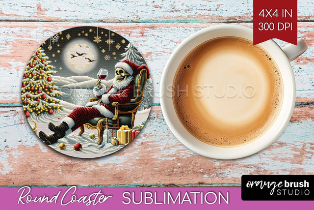 Christmas Skeleton Round Coaster - Santa Coaster Sublimation Sublimation OrangeBrushStudio 