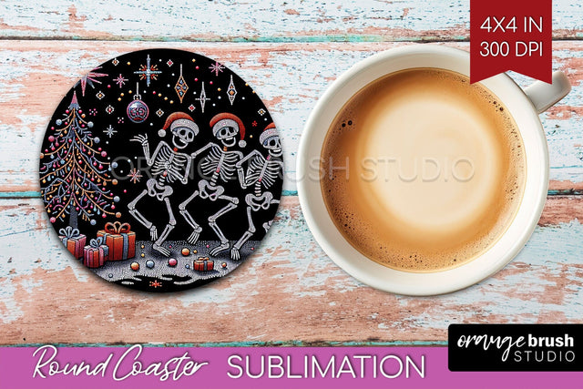 Christmas Skeleton Round Coaster - Santa Coaster Sublimation Sublimation OrangeBrushStudio 
