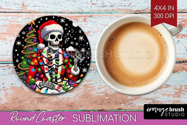 Christmas Skeleton Round Coaster - Santa Coaster Sublimation Sublimation OrangeBrushStudio 