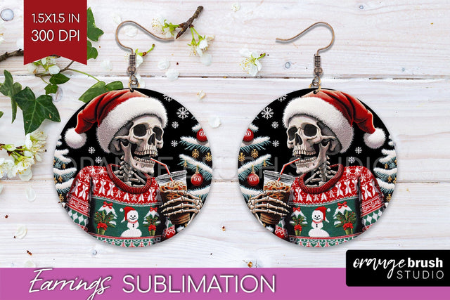 Christmas Skeleton Round Earrings, Santa Earring Sublimation Sublimation OrangeBrushStudio 