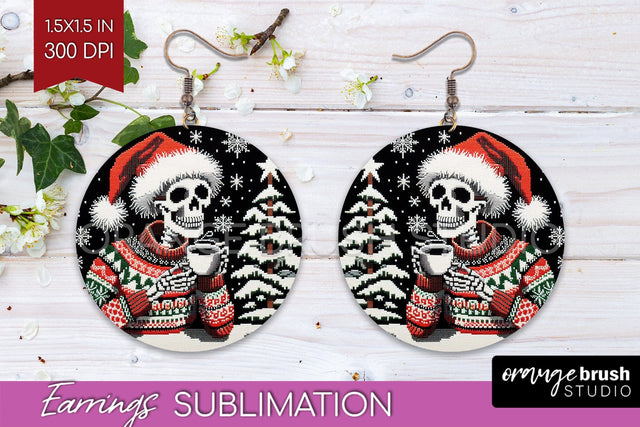 Christmas Skeleton Round Earrings, Santa Earring Sublimation Sublimation OrangeBrushStudio 