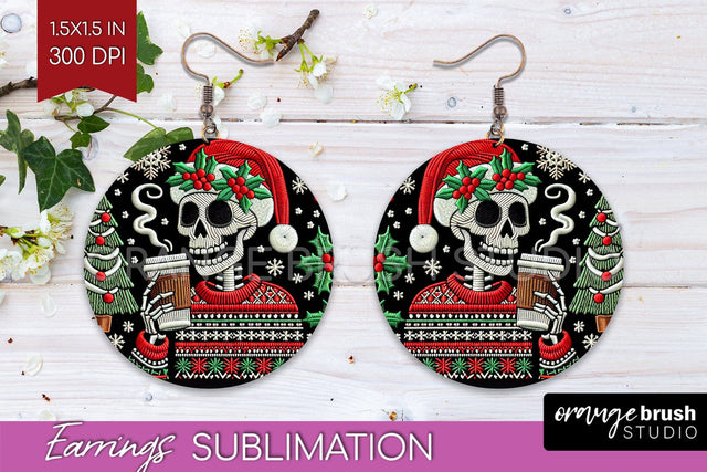 Christmas Skeleton Round Earrings, Santa Earring Sublimation Sublimation OrangeBrushStudio 