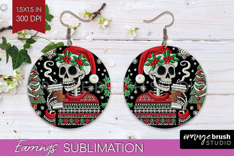 Christmas Skeleton Round Earrings, Santa Earring Sublimation Sublimation OrangeBrushStudio 