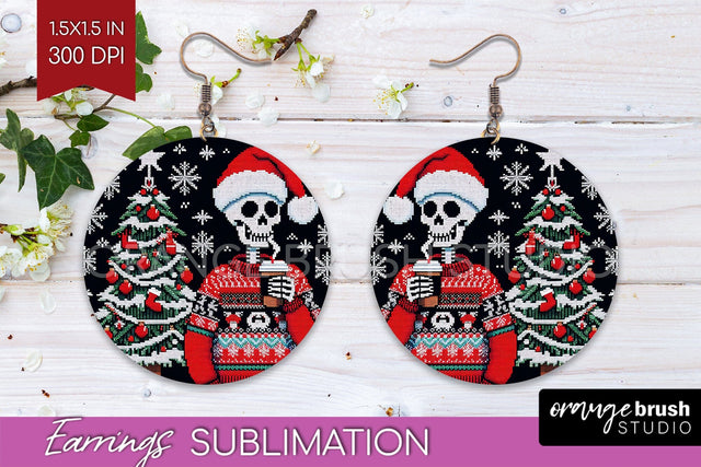 Christmas Skeleton Round Earrings, Santa Earring Sublimation Sublimation OrangeBrushStudio 