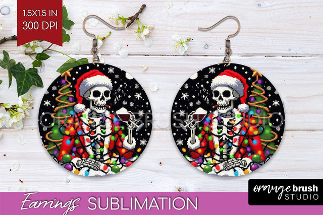 Christmas Skeleton Round Earrings, Santa Earring Sublimation Sublimation OrangeBrushStudio 
