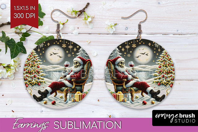 Christmas Skeleton Round Earrings, Santa Earring Sublimation Sublimation OrangeBrushStudio 