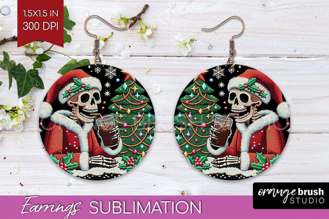 Christmas Skeleton Round Earrings, Santa Earring Sublimation Sublimation OrangeBrushStudio 