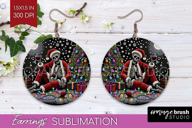 Christmas Skeleton Round Earrings, Santa Earring Sublimation Sublimation OrangeBrushStudio 