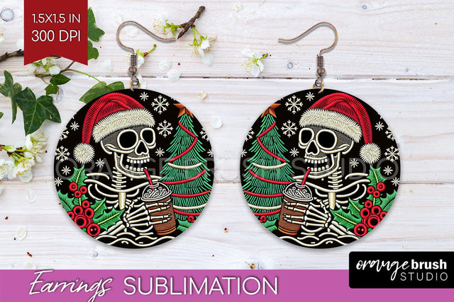 Christmas Skeleton Round Earrings, Santa Earring Sublimation Sublimation OrangeBrushStudio 