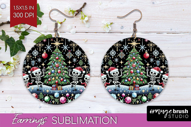 Christmas Skeleton Round Earrings, Santa Earring Sublimation Sublimation OrangeBrushStudio 
