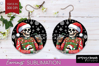 Christmas Skeleton Round Earrings, Santa Earring Sublimation Sublimation OrangeBrushStudio 