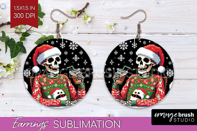 Christmas Skeleton Round Earrings, Santa Earring Sublimation Sublimation OrangeBrushStudio 
