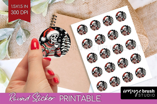 Christmas Skeleton Round Sticker - Santa Printable Stickers Sublimation OrangeBrushStudio 