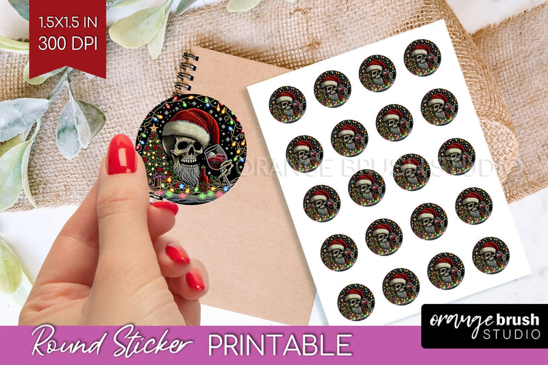 Christmas Skeleton Round Sticker - Santa Printable Stickers Sublimation OrangeBrushStudio 