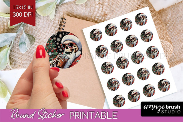 Christmas Skeleton Round Sticker - Santa Printable Stickers Sublimation OrangeBrushStudio 