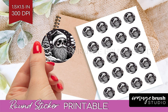 Christmas Skeleton Round Sticker - Santa Printable Stickers Sublimation OrangeBrushStudio 