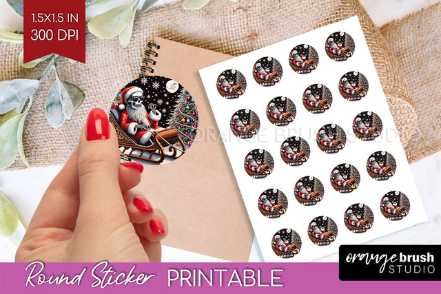 Christmas Skeleton Round Sticker - Santa Printable Stickers Sublimation OrangeBrushStudio 