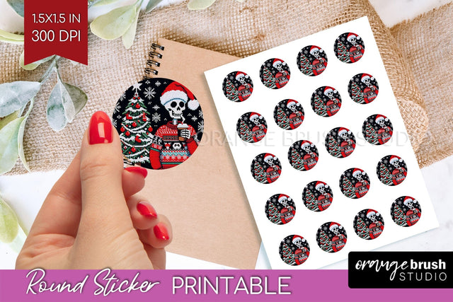 Christmas Skeleton Round Sticker - Santa Printable Stickers Sublimation OrangeBrushStudio 