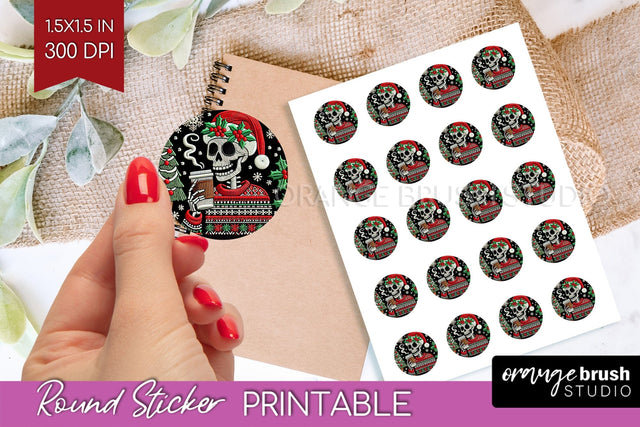 Christmas Skeleton Round Sticker - Santa Printable Stickers Sublimation OrangeBrushStudio 