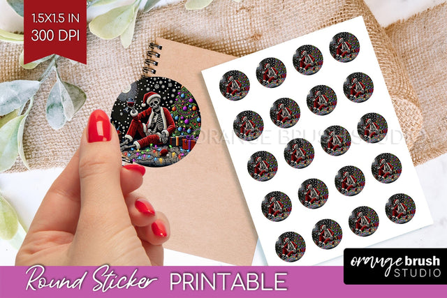 Christmas Skeleton Round Sticker - Santa Printable Stickers Sublimation OrangeBrushStudio 